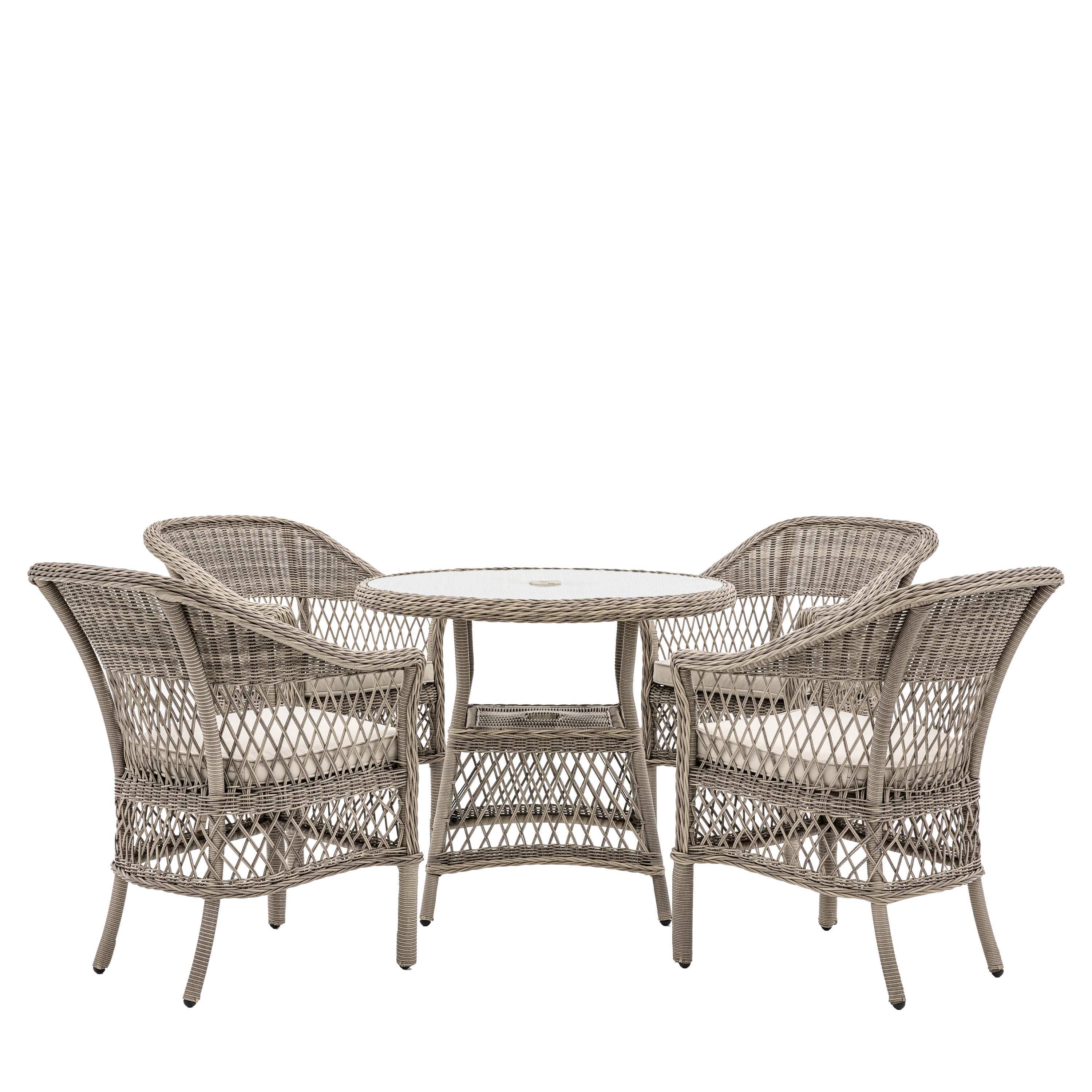Menton 4 Seater Round Dining Set - Aluminium / Polyrattan / Glass / Polyester Fabric / Plastic | Migo Interiors