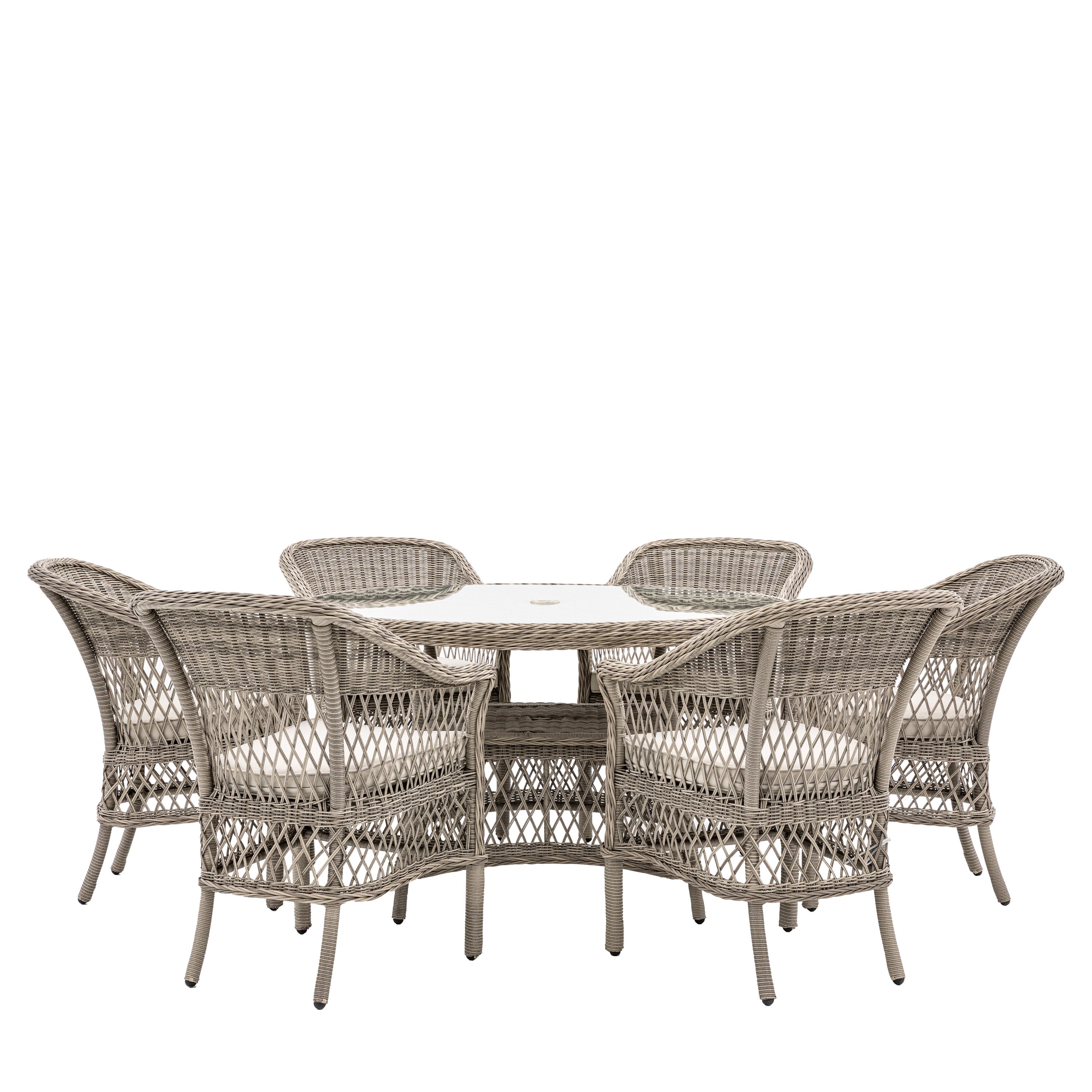 Menton 6 Seater Round Dining Set - Aluminium / Polyrattan / Glass / Polyester Fabric / Plastic | Migo Interiors