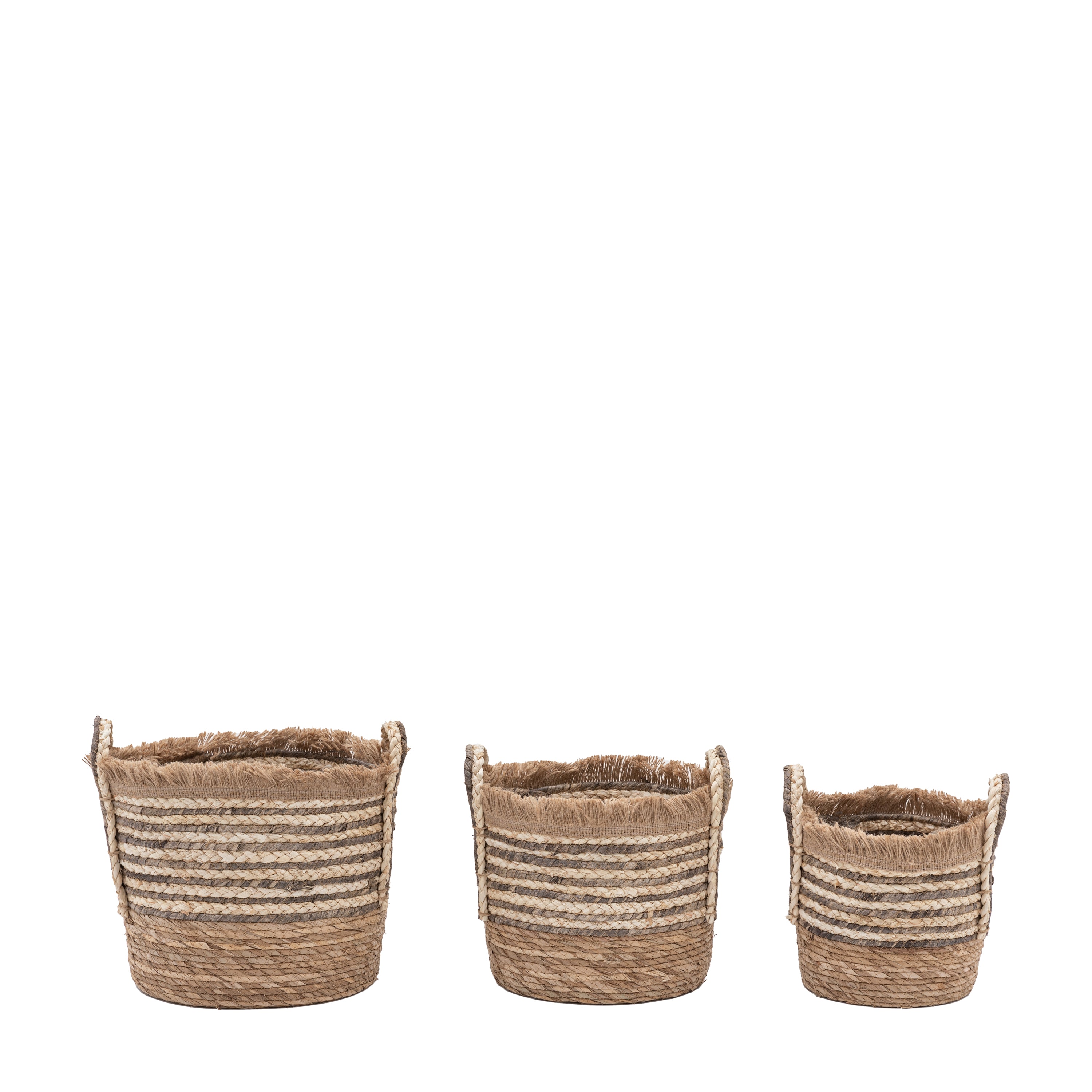 Fringed Woven Basket Brown Stripe S/3 D300mm