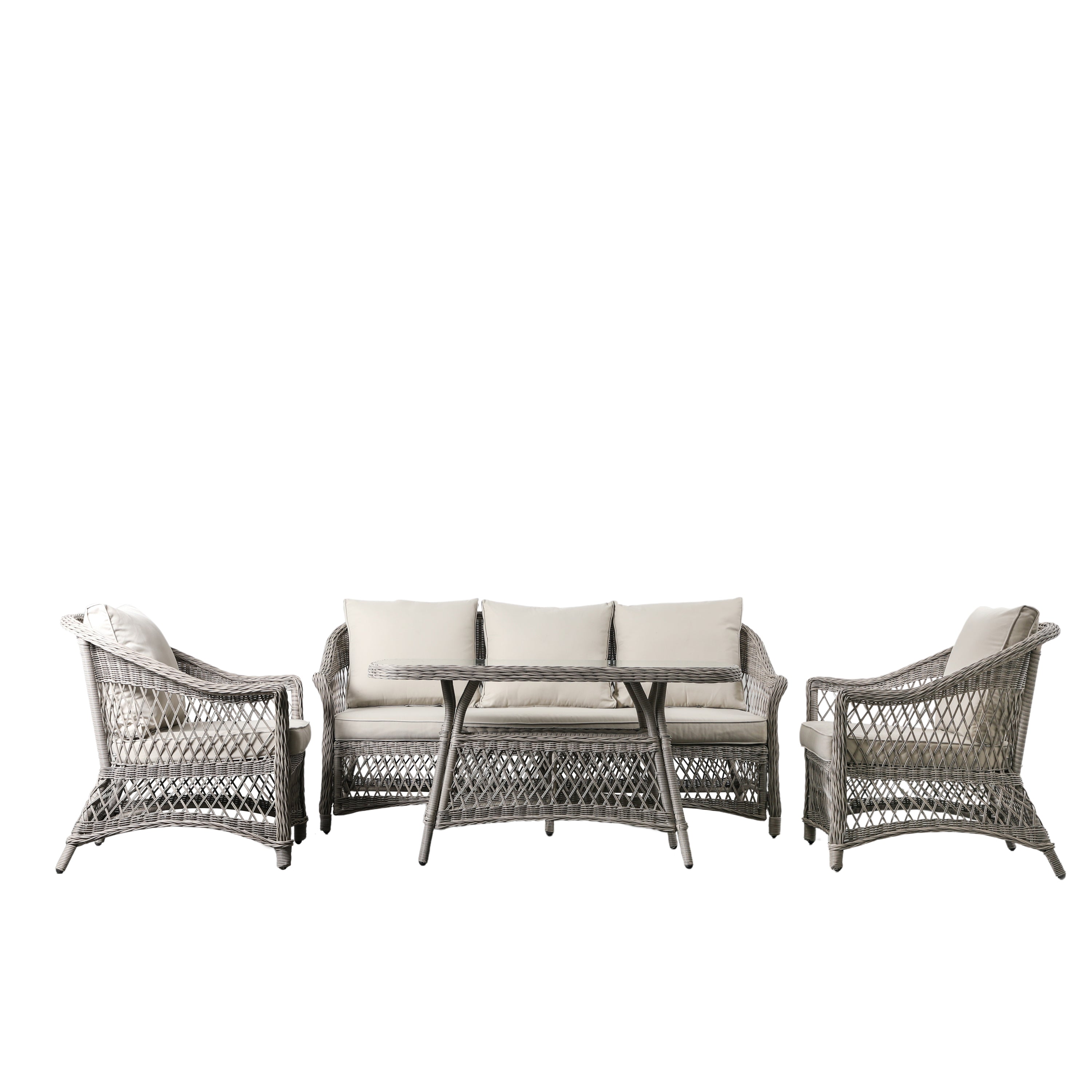 Menton Country Sofa Dining/Tea Set Stone - Aluminium Frame / Polyester Fabric / Poly Rattan / FR Foam / Polyester Fibre | Mig