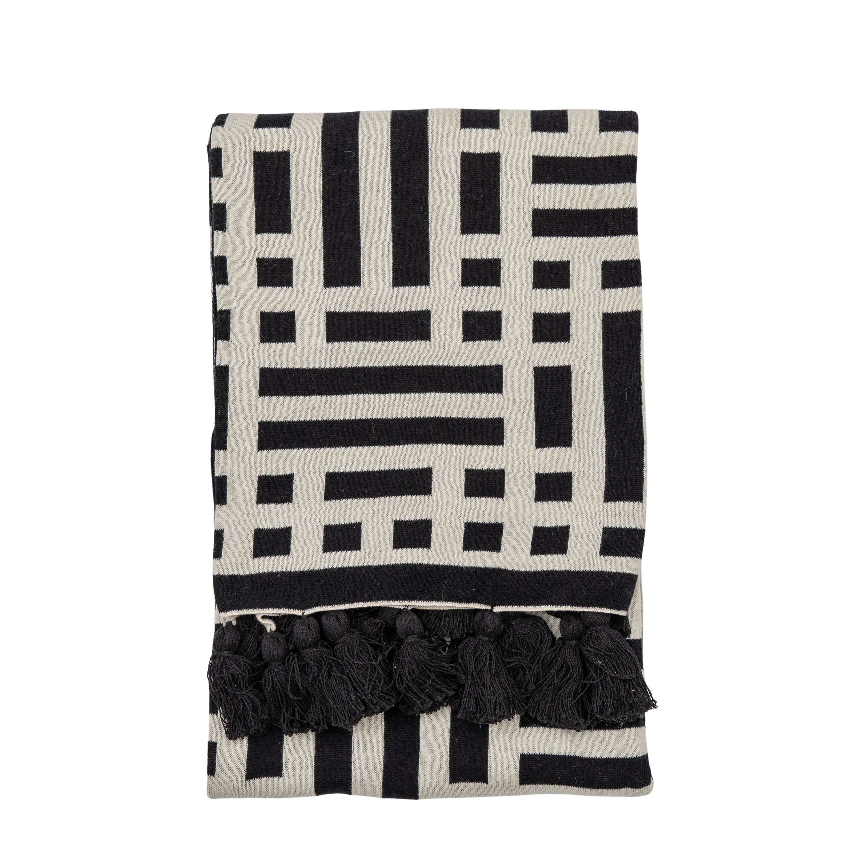 Merton Knitted Tassel Throw Black - Cotton | Migo Interiors