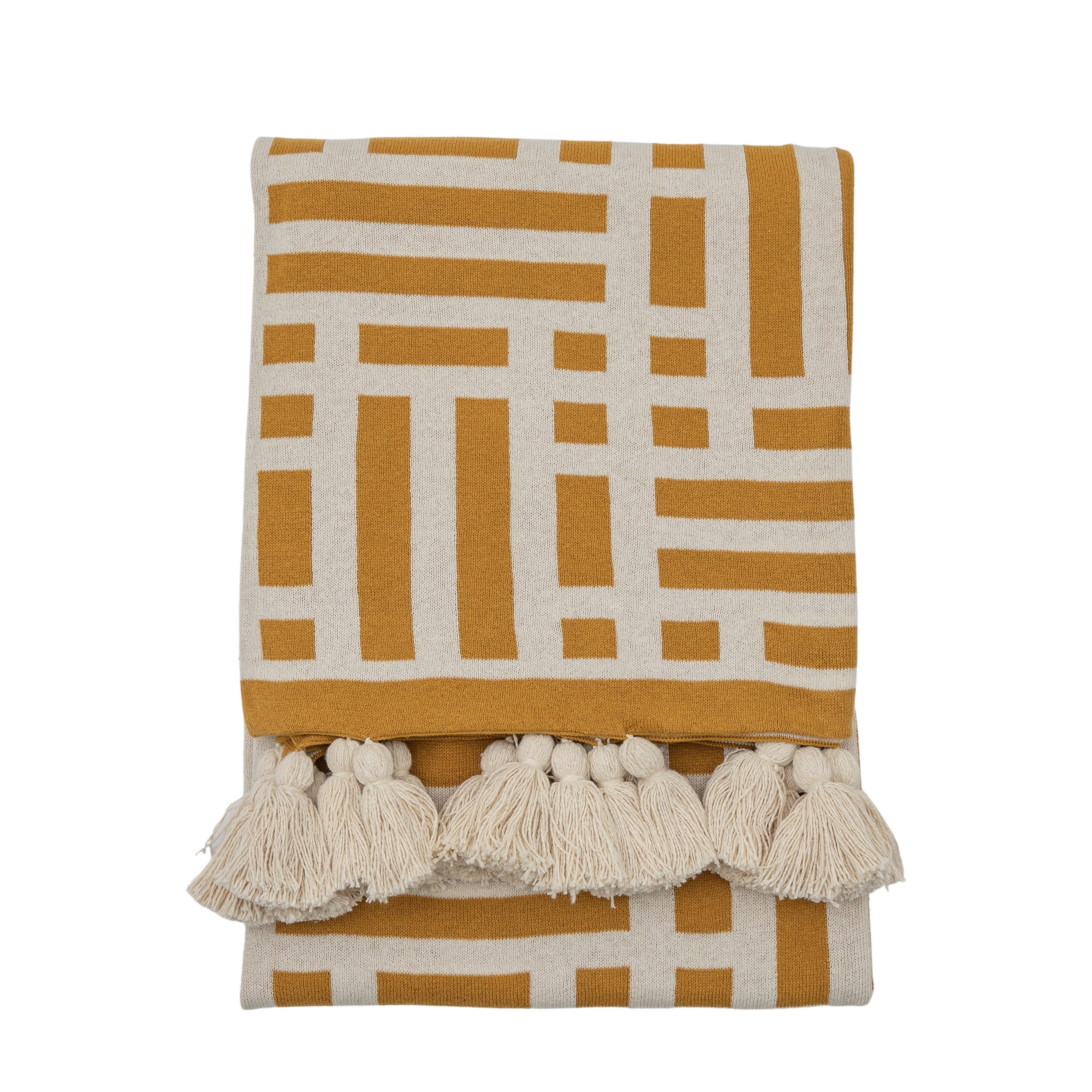 Merton Knitted Tassel Throw Ochre - Cotton | Migo Interiors